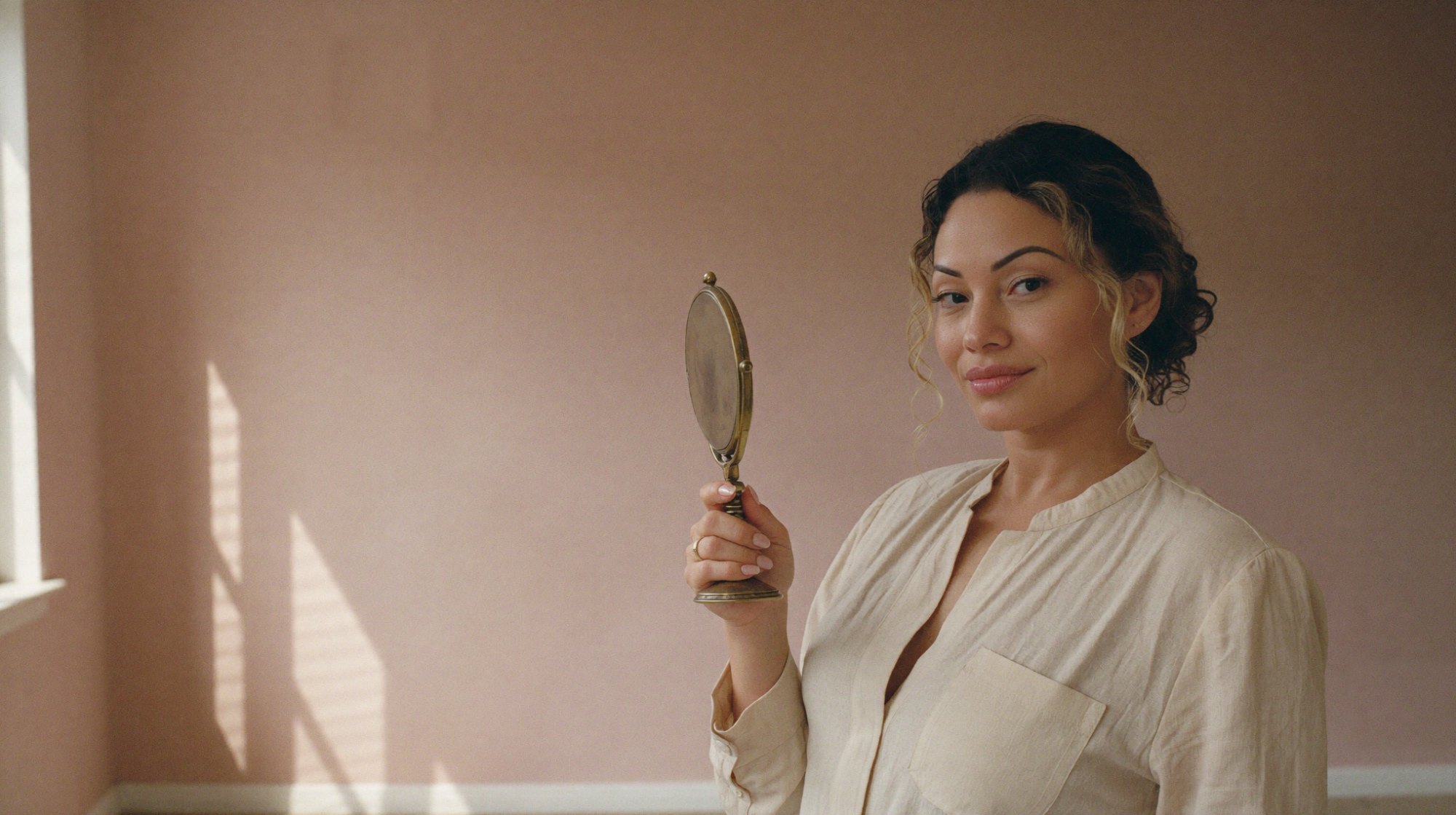 Sheyla holding a brass hand mirror