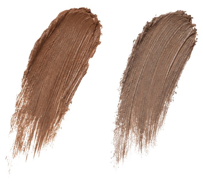 Two brow pigment swatches: warm taupe and ash brown