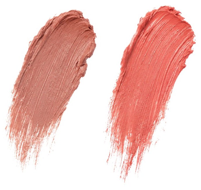 Two lip pigment swatches: rose nude and soft coral