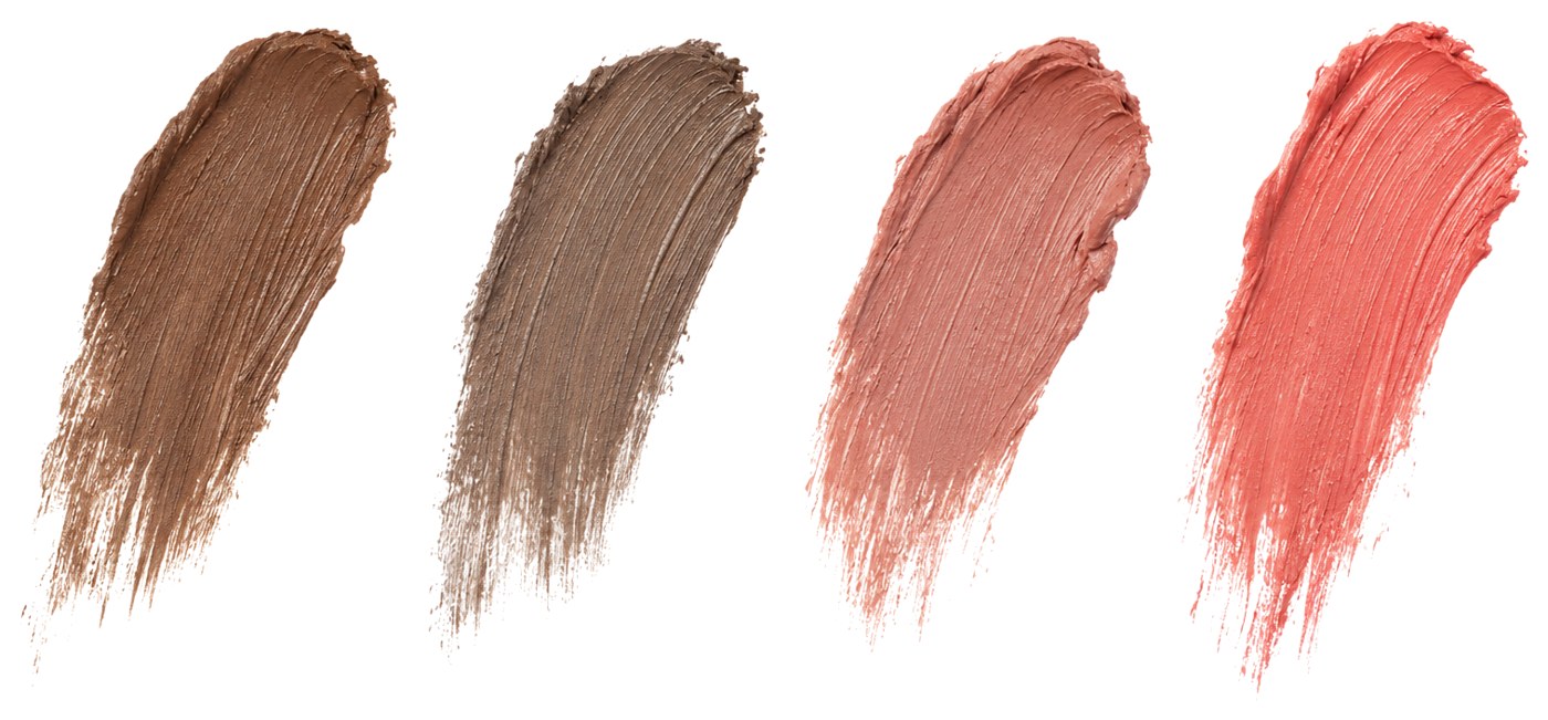 Four pigment swatches: warm taupe, ash brown, rose nude and coral